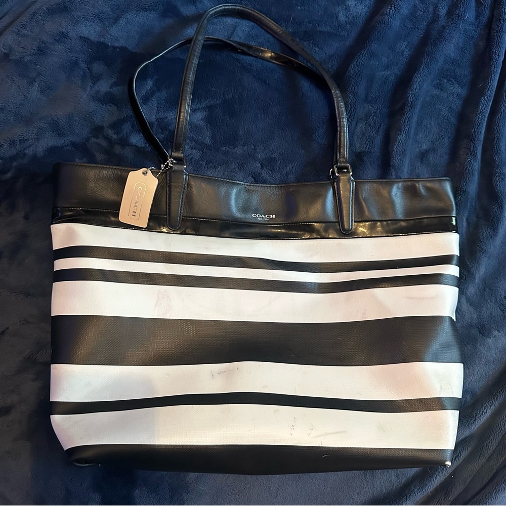 Good condition Coach Black and White Striped Tote Bag 30511